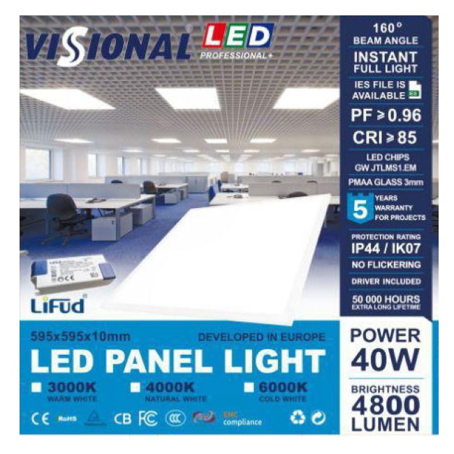 VISIONAL Premium+ LED светодиодная панель 40W 60x60cm 4800 Lum 4000K + блок питания